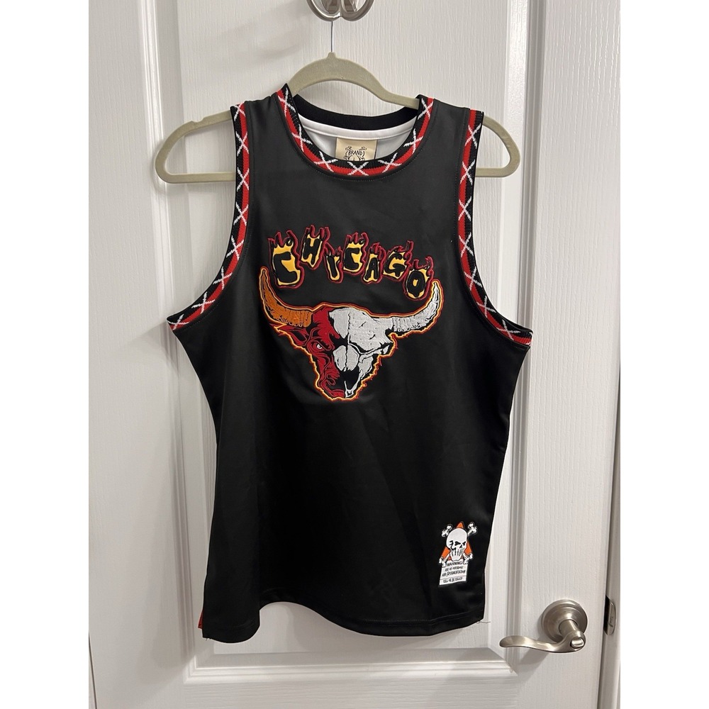 Headgear Chicago In Flames Skull Jordan #23 Basketball Jersey Size Youth Large